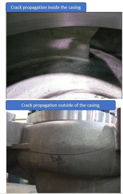 Photographs of the crack inside and outside the pump casing